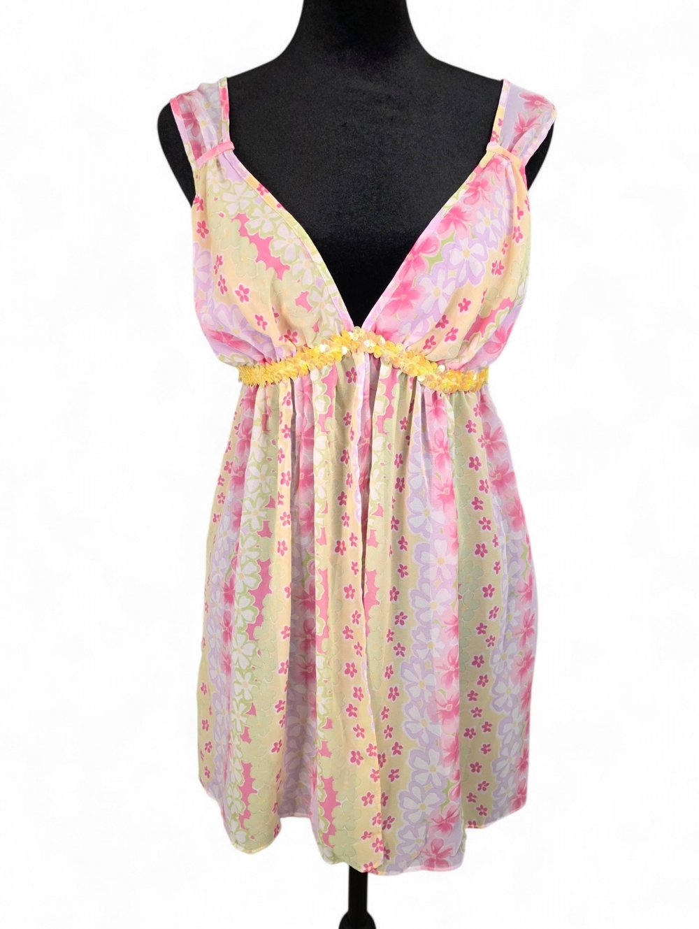 Sheer Babydoll Top Floral Sequin Pastel Size L Front Slit Vintage Y2K Fairycore